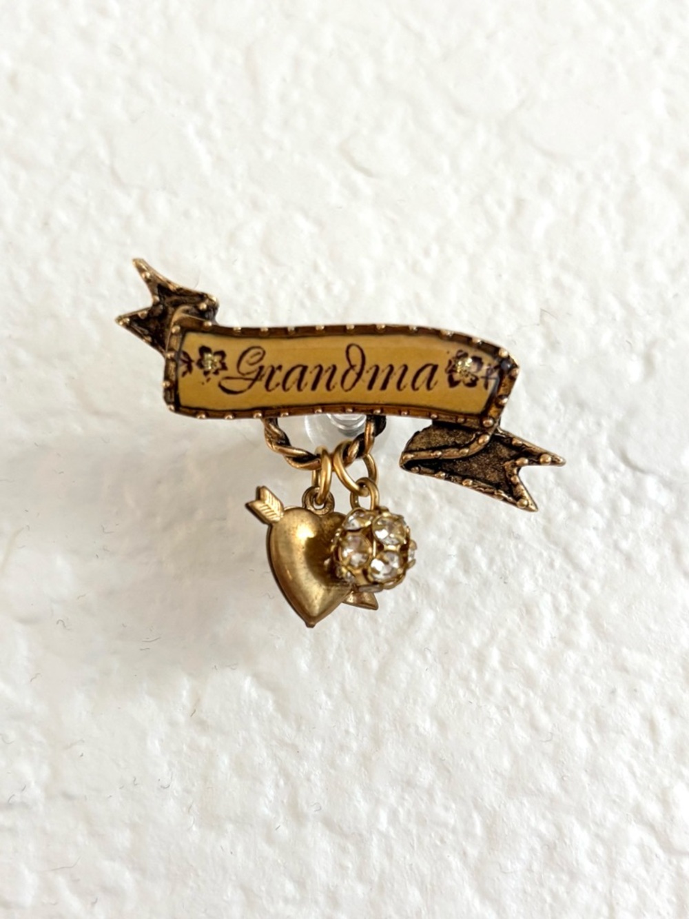 Maximal Art Grandma Gold Tone Banner Brooch with Heart & Rhinestone Charms